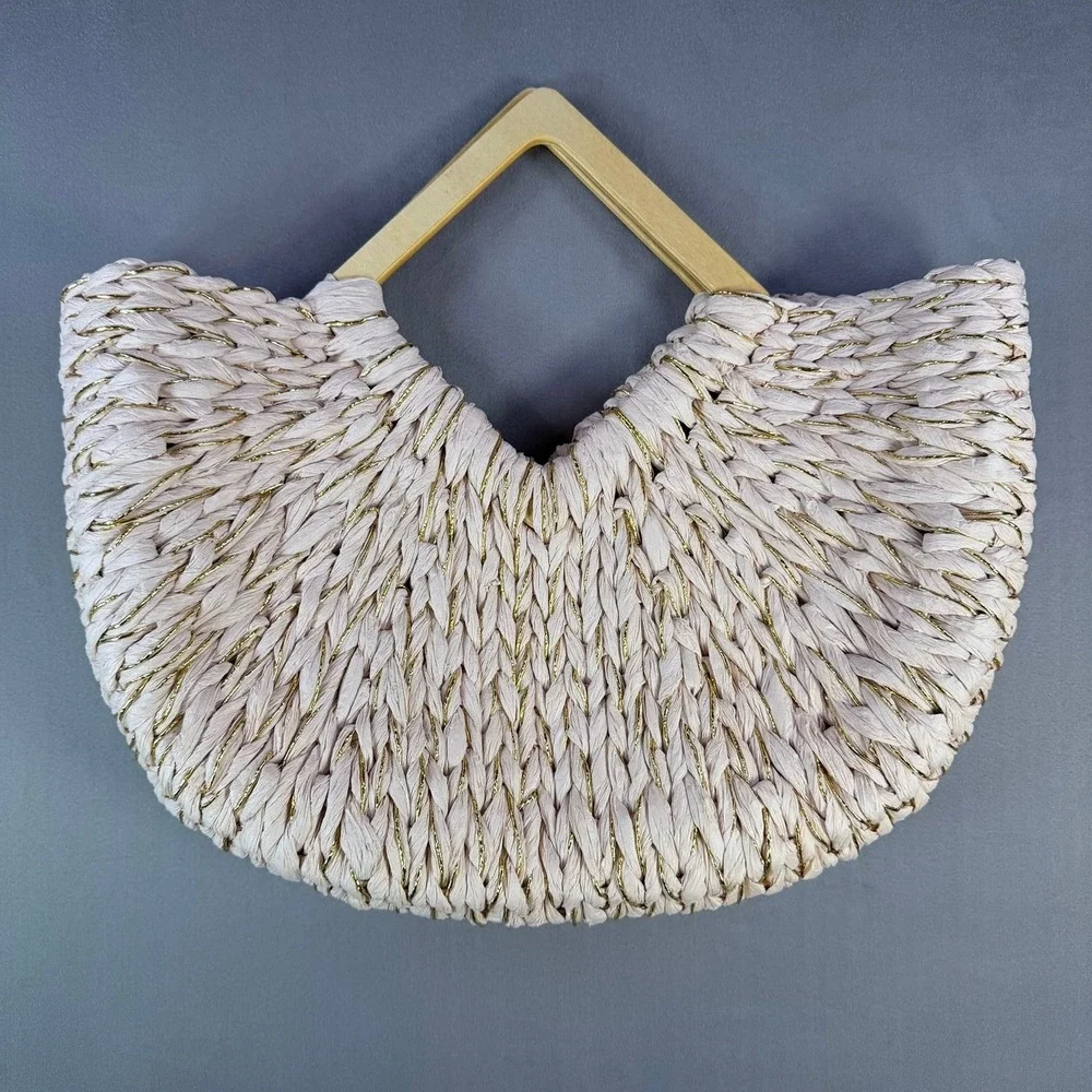 Woven Straw Handbag Womens Pink‎ Gold Metallic Wood Handle Beach Tote